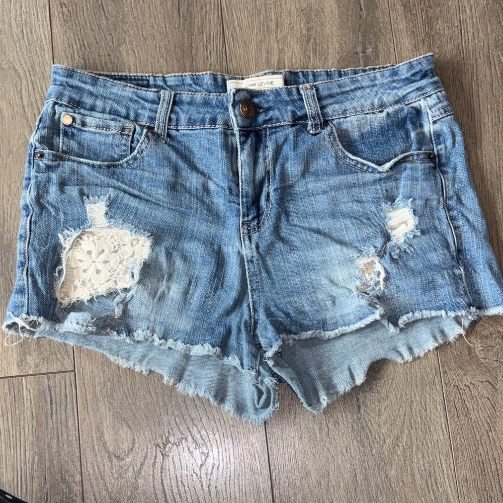 Adam Levine Blue Distressed Jean Shorts Floral Lace Holes Frays